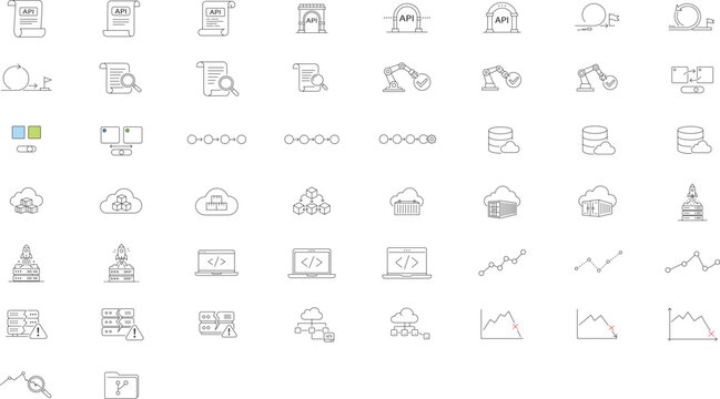 50 Software Development and DevOps Vector Icon Set. Minimalist Black Line Art Bundle featuring API, Agile, Cloud Computing, and CI/CD Pipeline Icons with Editable Stroke for Custom Line Weight.