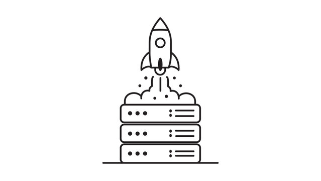 Deployment Rocket Launching from Server Rack Minimalist Black Line Vector Icon on White Background. Ideal for Cloud Computing and Startup Tech. Features Editable Stroke for Customization.