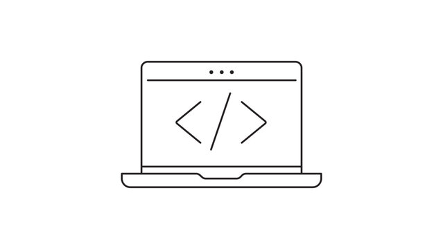 Minimalist Black Line Vector Icon of a Laptop with Coding Symbol for Software Development and Programming, Scalable Illustration with Editable Stroke, Adjustable Line Weight, and Clean Design.
