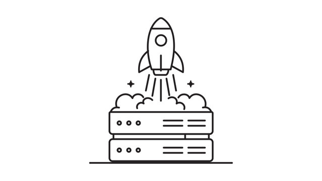Deployment Rocket Launching from Data Server Rack Minimalist Black Line Vector Icon on White Background Representing Fast Hosting, Cloud Computing, and Startup Growth with Editable Stroke.