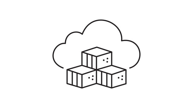 Overhead Cloud Enclosing Stacked Cubes &mdash; Adjustable Stroke Outline Symbol Representing Microservice Packaging, Virtual Infrastructure, Software Deployment Platforms, and Scalable Web Architecture.