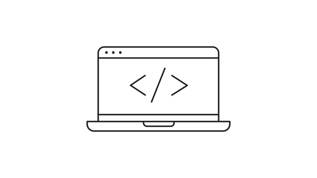 Minimalist Black Line Vector Icon of a Laptop Screen with Coding Symbols, Perfect for Software Development and Programming Projects, Featuring an Editable Stroke for Custom Line Weight Design.