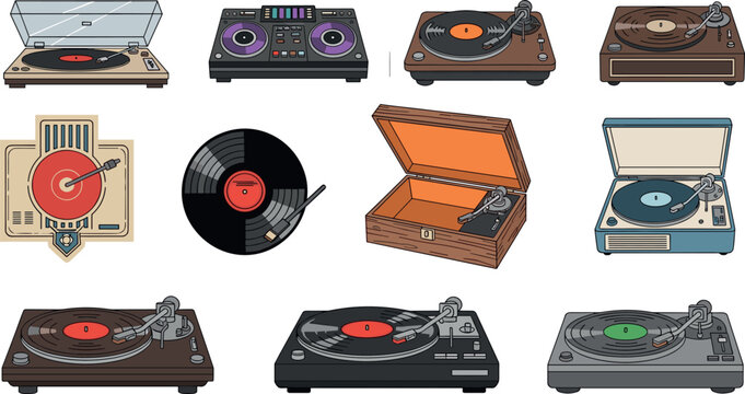 Vintage turntable collection with vinyl record players DJ controllers and gramophones retro audio equipment vector illustration set