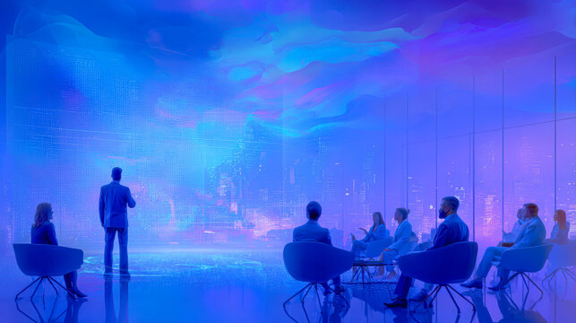 Enlightening Presentation: In a futuristic setting, a speaker captivates an audience, with the backdrop of mesmerizing digital art. The atmosphere is one of inspiration and innovative thinking.