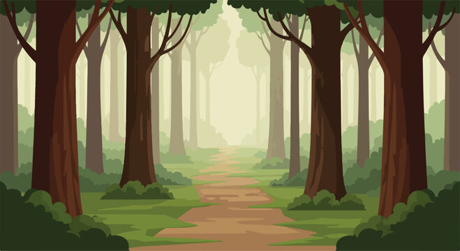 A serene forest with tall trees and a winding dirt path
