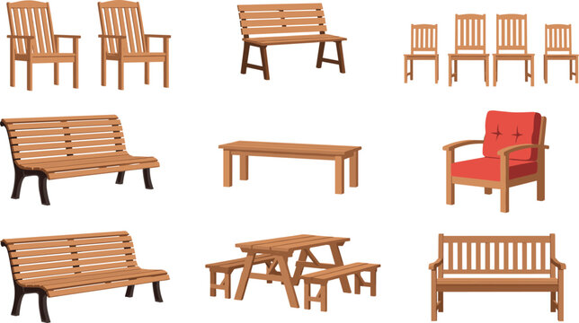 Wooden furniture vector set featuring chairs benches and tables for indoor and outdoor use isolated on light background design