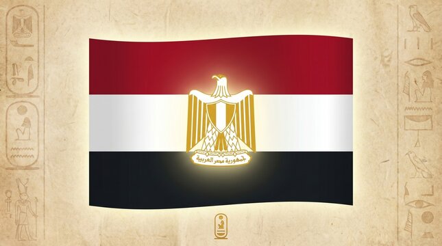 Egyptian flag with Eagle of Saladin shines proudly, framed by ancient hieroglyphic motifs; red, white, and black stripes symbolize heritage, resilience, and enduring national pride.
