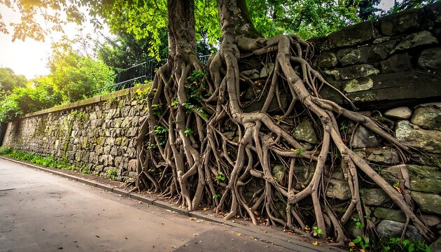 Roots grip weathered wall