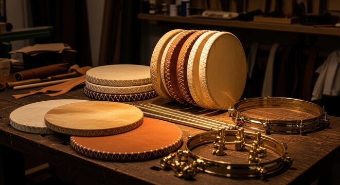 Artisan Collection of Hand-Stitched Leather Drum Heads and Percussion Components in a Workshop Setting