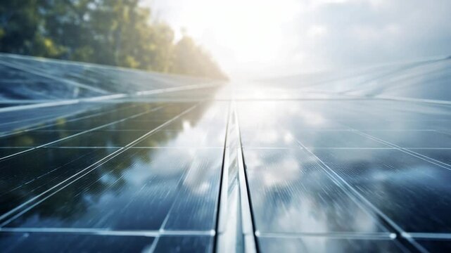 Renewable Energy Powerhouse: A network of solar panels glistening under the sun's radiant rays, converting sunlight into sustainable energy.