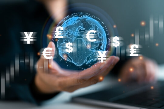 Global finance concept with digital world globe and currency showing international money, forex exchange, fintech innovation, global economy, online banking and cross border financial transactions.