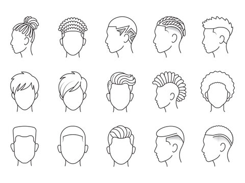 Men hairstyles diversity vector linear icon set for barbershop branding and male grooming catalog presentation