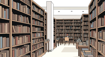 A cartoon library with bookshelves and reading tables © Risqi