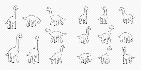 Set of hand-drawn cartoon Brontosaurus dinosaurs in various poses, isolated on a transparent background, perfect for children's designs and educational materials. © Akun