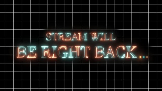 4K live strem will Be Right Back" Text Overlay on Abstract Digital Wave Background.