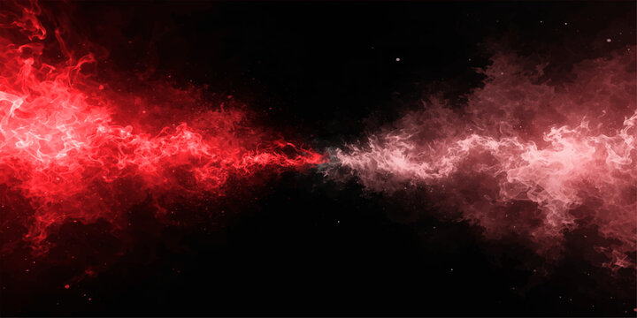 An abstract motion design featuring red and white smoke blending into a black background with burning orange light and cosmic energy textures