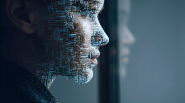 Human-Technology Fusion: A close-up profile of a person whose facial features are intricately interwoven with a digital network, blurring the boundaries between human and artificial intelligence.