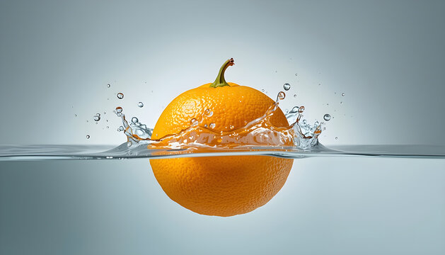 Fresh whole orange partially submerged in water with splash against blue background, Generative AI illustration