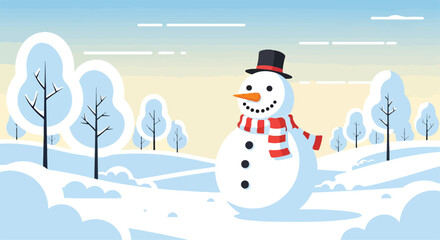 Fototapeta premium A cheerful snowman in a snowy landscape with trees