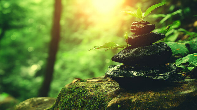 Balanced stone stack in sunlit forest with natural light flare and green foliage