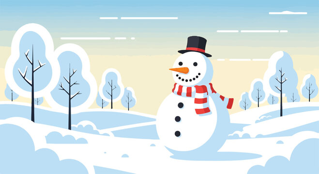 A cheerful snowman in a snowy landscape with trees