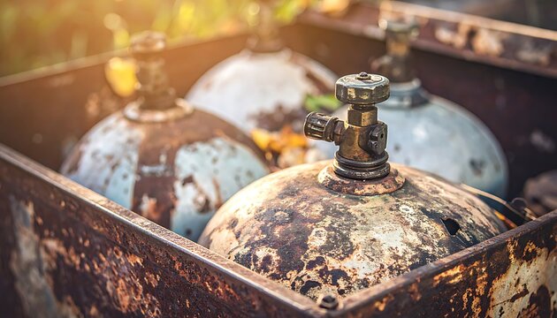 Rusted metal box filled with old, weathered gas cylinders outdoors with sunlit foliage