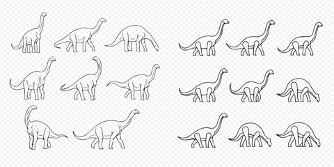 Set of Brontosaurus and Apatosaurus dinosaurs in various poses, hand-drawn outline illustrations. © Akun