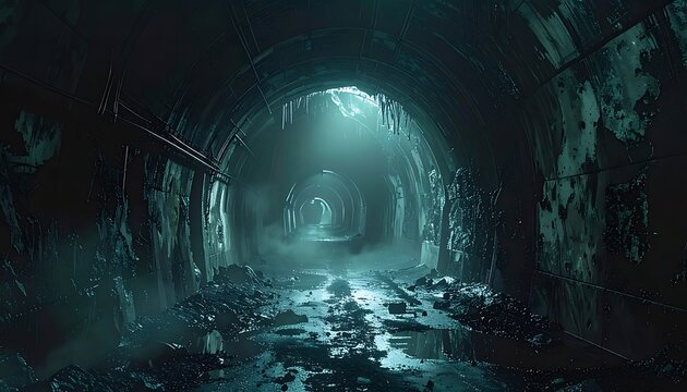 A dimly lit, eerie, and abandoned tunnel with a glowing exit