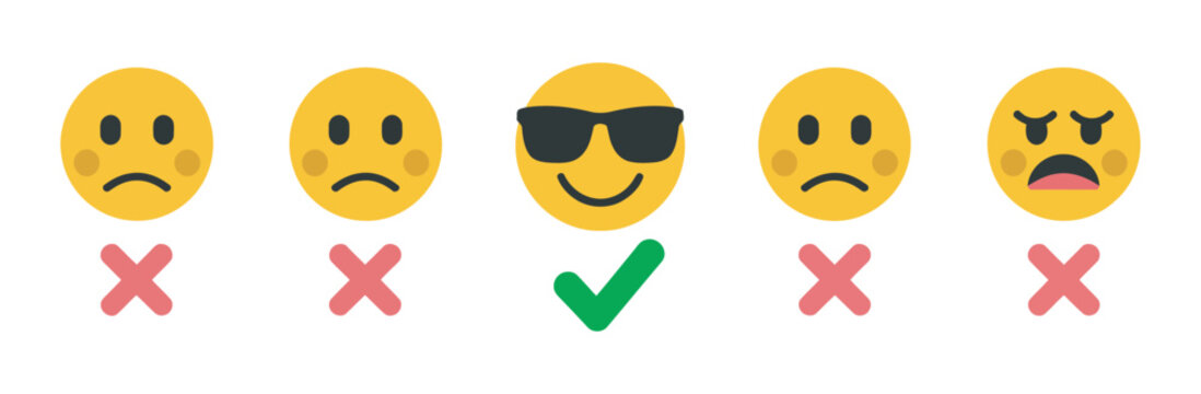 Customer satisfaction and feedback rating concept with sad emojis and one cool sunglasses face with checkmark, customer review feedback rating satisfaction evaluation vector illustration