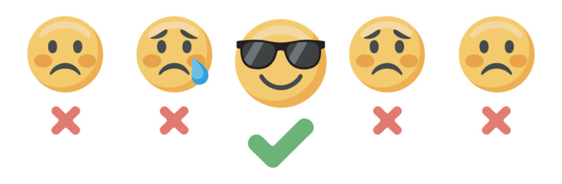 Customer satisfaction and feedback rating concept with sad emojis and one cool sunglasses face with checkmark, customer review feedback rating satisfaction evaluation vector illustration
