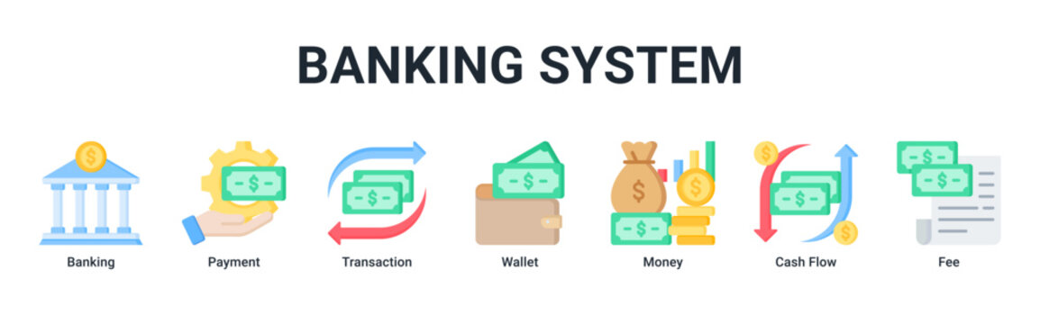Banking System banner with banking,payment,transaction,wallet,money,cash flow and fee icons for fintech and digital finance concept