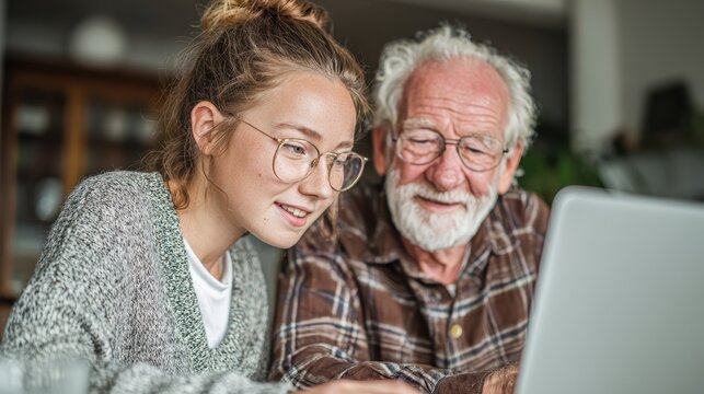 Young woman assisting senior man with laptop in cozy home office setting
