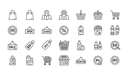 Modern shop and store line icon set with shopping cart bag sale tag and supermarket symbols editable stroke vector © mdmasud