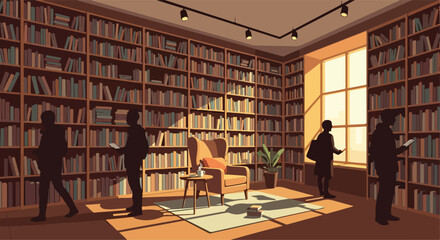 People in a library with bookshelves and a cozy reading area © Rangga