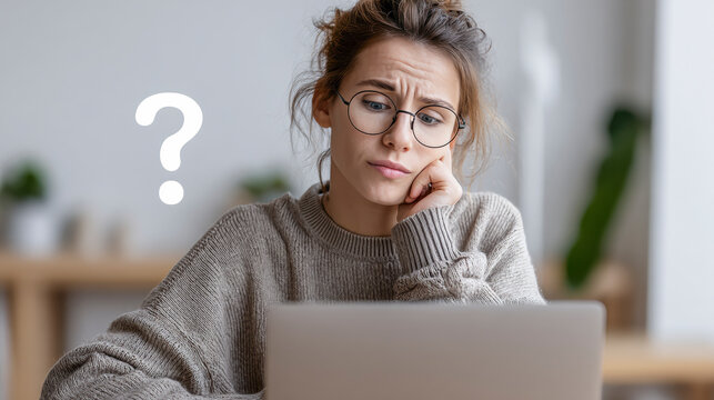 Questioning the Digital World: A woman wearing glasses looks at a laptop with a question mark, highlighting the complexities of modern digital life and reflecting confusion.