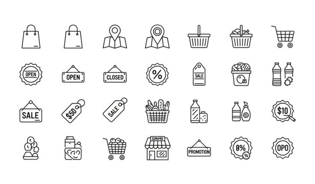 Modern shop and store line icon set with shopping cart bag sale tag and supermarket symbols editable stroke vector