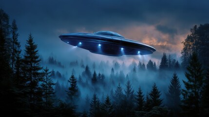 Obraz premium A glowing UFO hovers above a dark, misty forest at dusk, casting an eerie blue light over the tall pine trees.