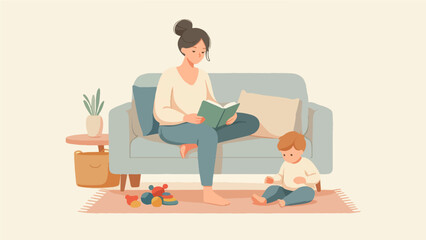 Fototapeta premium Parent Reading While Child Plays at Home, Mother's Day