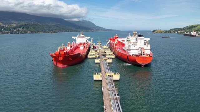 Oil Tankers docked at the Port of S&atilde;o Sebasti&atilde;o highlights the region&rsquo;s importance for logistics and maritime trade on the north coast of S&atilde;o Paulo - S&atilde;o Sebasti&atilde;o, S&atilde;o Paulo, Brazil