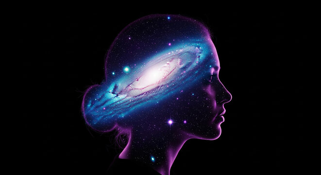 Abstract human head silhouette holding a deep space galaxy perfectly for conceptualizing advanced human intelligence deep creativity and artificial thought