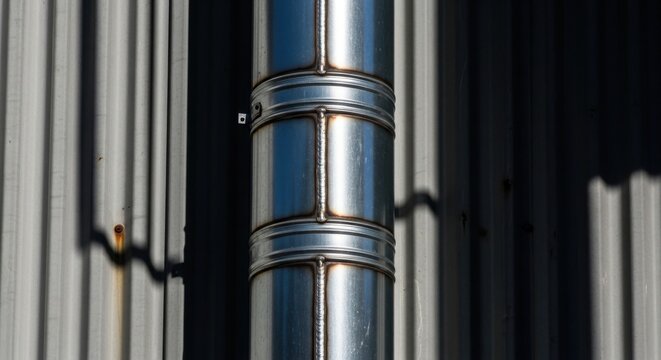 Close-up view of a galvanized steel chimney pipe with visible seams and joints