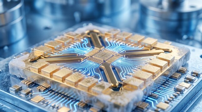Close-up of a high-tech processor with glowing blue data paths on a gold-plated chip, surrounded by frost and supercooled components in a laboratory setting.
