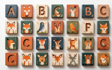 Obraz premium Wooden alphabet blocks with forest animals colorful and playful
