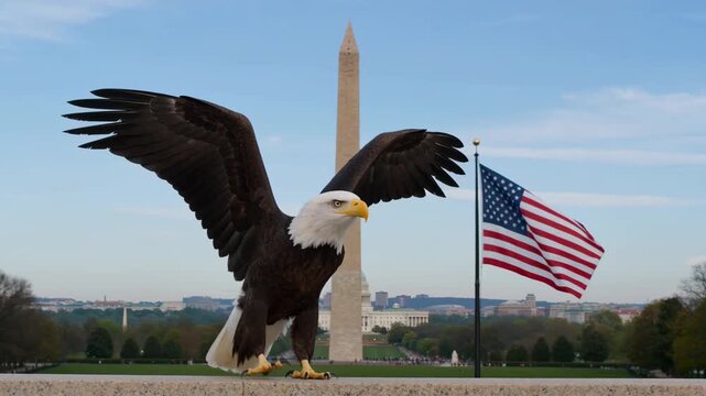 Majestic bald eagle soars near Washington Monument and American flag