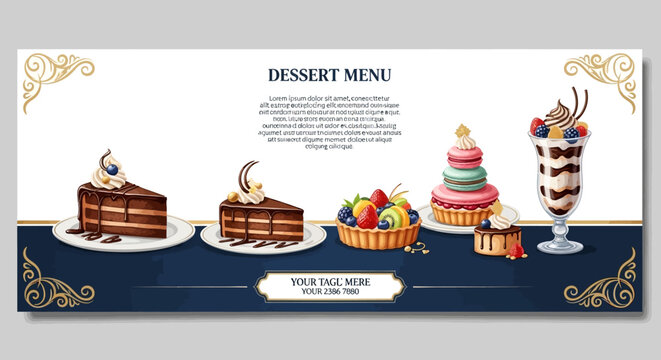 A colorful dessert menu showcases various sweet treats including cakes and sundaes on a decorative table.