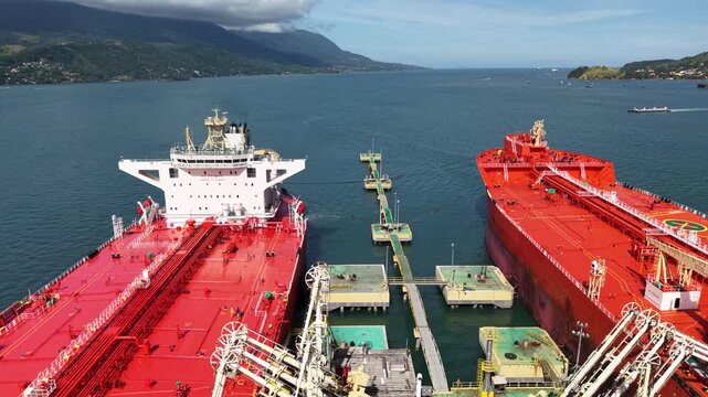Oil Tankers docked at the Port of S&atilde;o Sebasti&atilde;o highlights the region&rsquo;s importance for logistics and maritime trade on the north coast of S&atilde;o Paulo - S&atilde;o Sebasti&atilde;o, S&atilde;o Paulo, Brazil
