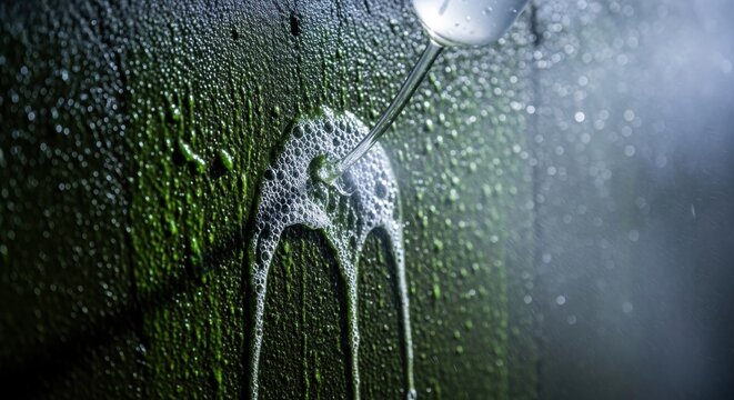 Specialized algaecide solution being applied to a green, textured surface, creating foam and bubbles for effective growth control.