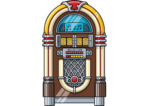 A colorful illustration of a vintage jukebox with a musical note