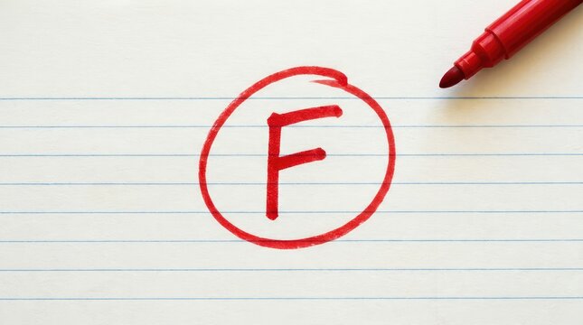 A red letter F is circled on a piece of lined notebook paper by a red marker indicating a failing grade