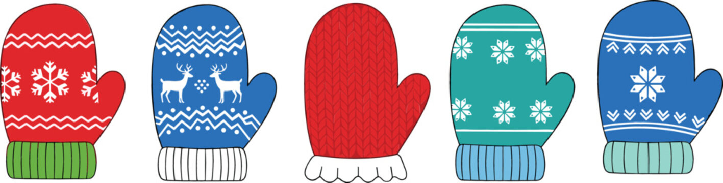 Winter mittens vector illustration set with knitted patterns and snowflake designs, colorful cozy gloves collection for cold season isolated on white background